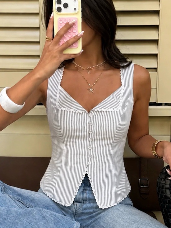Commense Tops - Striped Lace Trim Button-Front Tank Top
